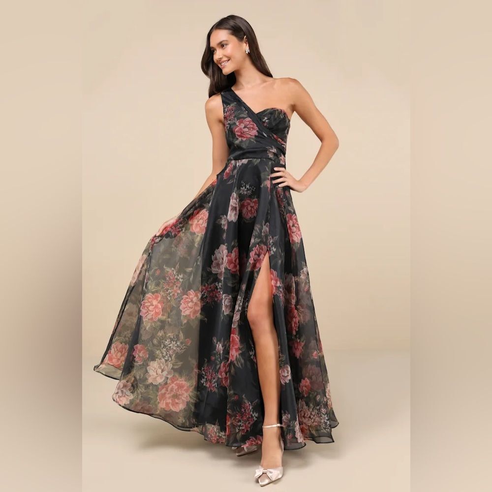 Lulus Truly Extraordinary Black Floral Organza One-Shoulder Maxi Dress